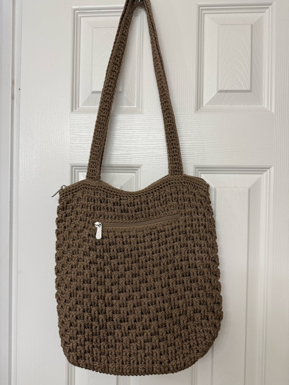 The Sak Brown Handwoven Crochet Shoulder Bag 13x11 strap about 19”